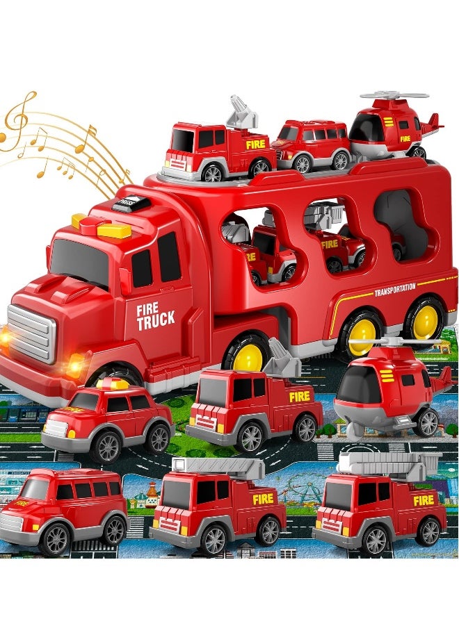 Fire Toys for 3 4 5 6 Years Old Boys Girls - 7 in 1 Carrier Truck Transport for Toddlers 1-3, Friction Power Vehicles for Kids 3-5, Birthday Gifts for Boys  Girls 3-5 Years Old