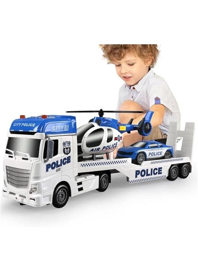 Toddler Boy Toys for 3 4 5 6 Year Old, 25 Semi Truck Toy with Racing Car and Helicopter - Police Toys,Birthday Gifts for Kids Child 2 3 4 5 6 Years Old