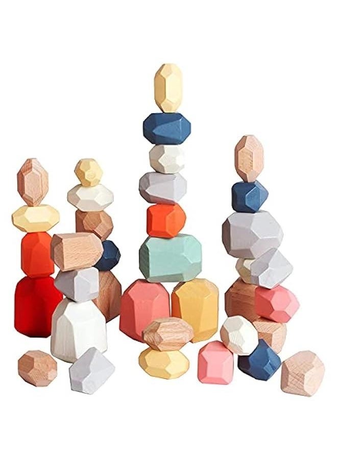 36 Pcs Wooden Soring Stacking Balancing Stone Rocks,Educational Preschool Learning Toys Wood Building Blocks Set,Colorful Educational Montessori Puzzle Toys Set for Toddlers Kids 3+