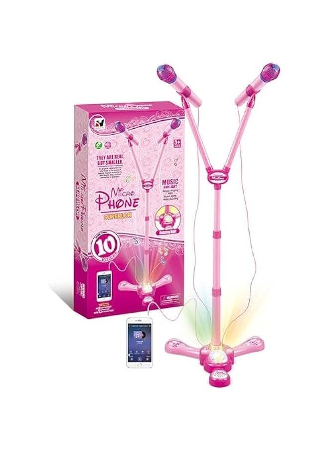Kids Karaoke Machine with Stand,Kids Microphone Flashing Stage Lights Adjustable Stand Gift for Age 3+ Years Old Children (Pink Double)