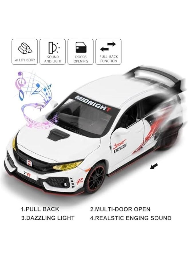 Diecast Car 1/32 for Honda Civic Type-R Model Car Pull Back Toy Car with Light and Sound Model Vehicles for Boys Girls Gift(White)