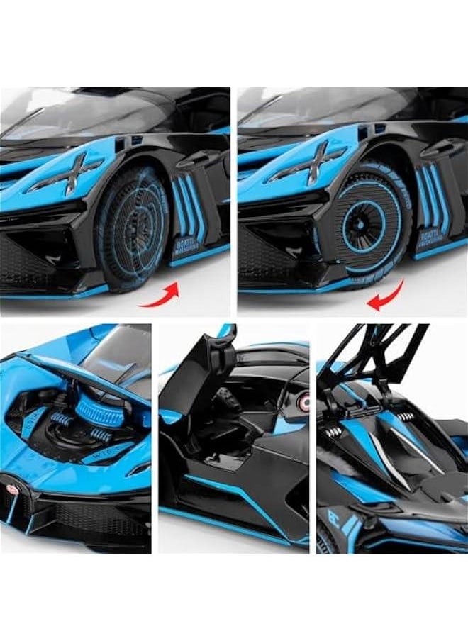 1/24 Scale Bugatti Bolide Toy Car, Alloy Die-cast Pull Back Car Model with Light and Sound, Collectible Car Toy Vehicle for Adults Kids Boys Girls, Gift Blue