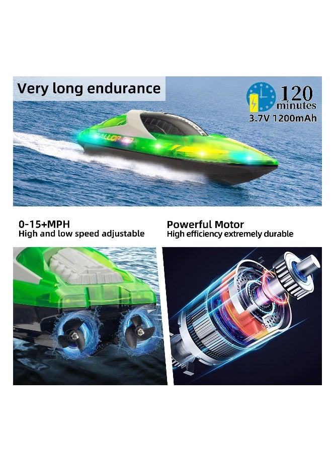 RC Boat for Kids 8-12, 15+ MPH Fast Remote Control Boat with LED Lights, Extra Long Battery Endurance, Low Battery Warning, 2.4G RC Electric Boats Pool and Lakes Toys for Adults (Green)