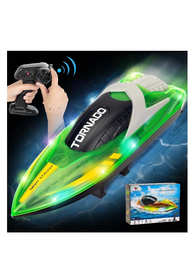RC Boat for Kids 8-12, 15+ MPH Fast Remote Control Boat with LED Lights, Extra Long Battery Endurance, Low Battery Warning, 2.4G RC Electric Boats Pool and Lakes Toys for Adults (Green)