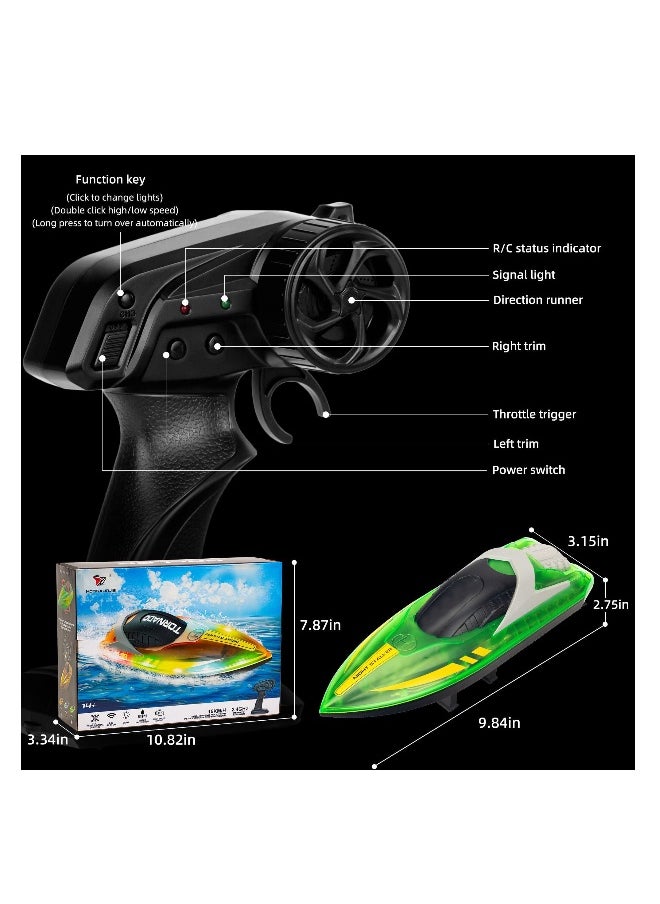 RC Boat for Kids 8-12, 15+ MPH Fast Remote Control Boat with LED Lights, Extra Long Battery Endurance, Low Battery Warning, 2.4G RC Electric Boats Pool and Lakes Toys for Adults (Green)