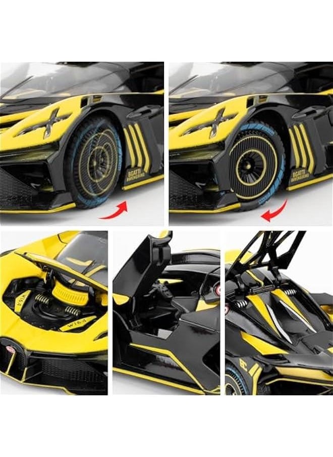 1/24 Scale Bugatti Bolide Alloy Toy Car, Sound and Light Pull Back Collection 4 Doors Opend Toy Vehicles for Kids Gift Yellow