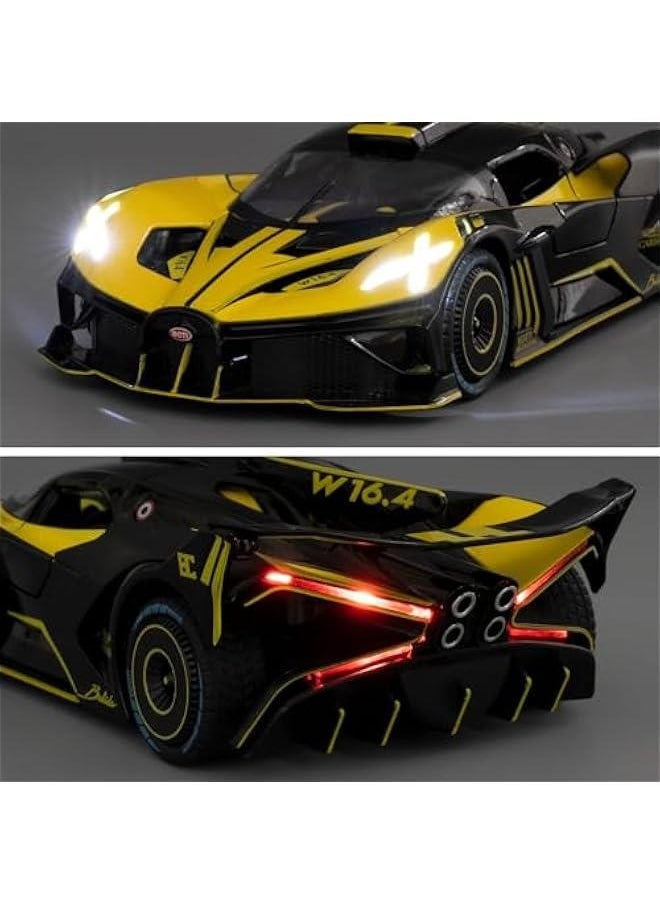 1/24 Scale Bugatti Bolide Alloy Toy Car, Sound and Light Pull Back Collection 4 Doors Opend Toy Vehicles for Kids Gift Yellow