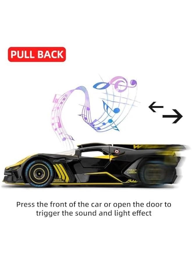 1/24 Scale Bugatti Bolide Alloy Toy Car, Sound and Light Pull Back Collection 4 Doors Opend Toy Vehicles for Kids Gift Yellow