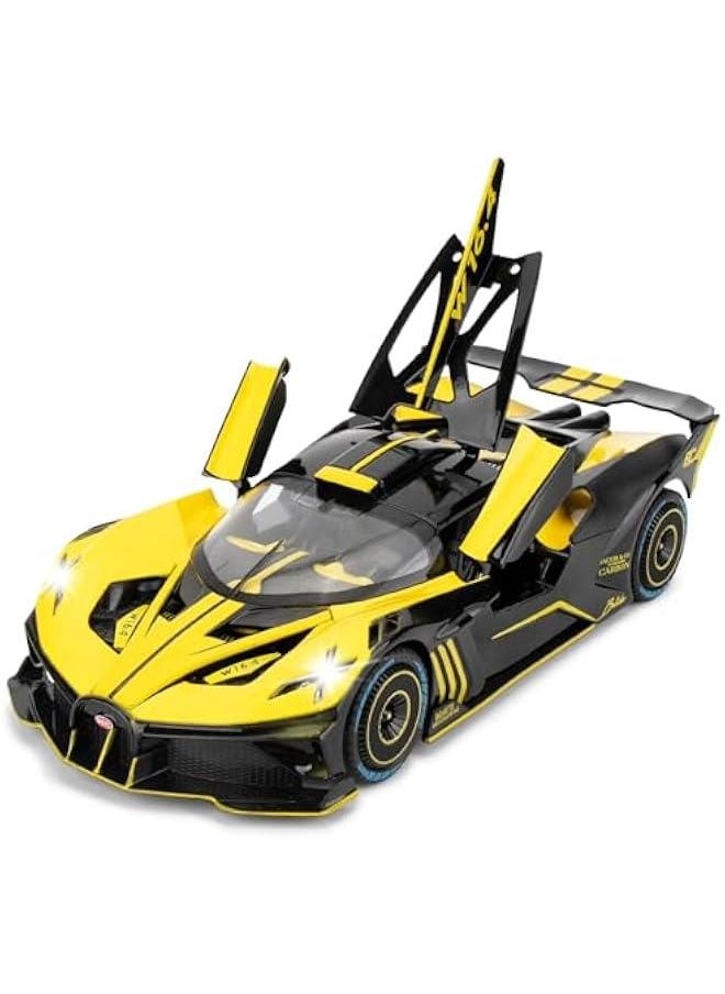 1/24 Scale Bugatti Bolide Alloy Toy Car, Sound and Light Pull Back Collection 4 Doors Opend Toy Vehicles for Kids Gift Yellow