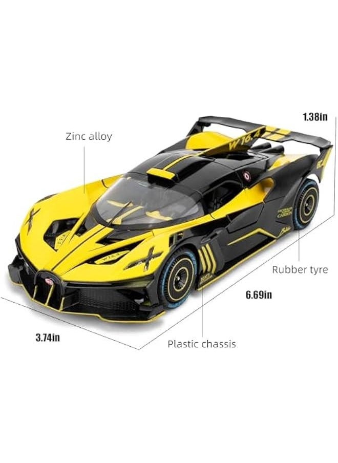 1/24 Scale Bugatti Bolide Alloy Toy Car, Sound and Light Pull Back Collection 4 Doors Opend Toy Vehicles for Kids Gift Yellow