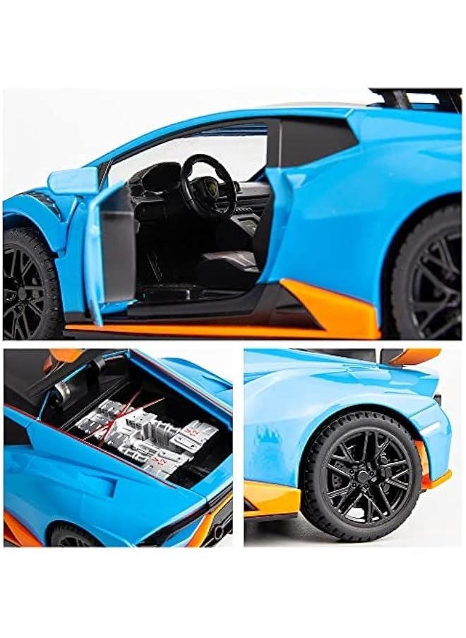 Model Car 1/24 Scale Compatible for Lambo Huracan STO Die-cast Toy Vehicle Pull Back with Light and Sound Toy Car Door Can be Open (blue)