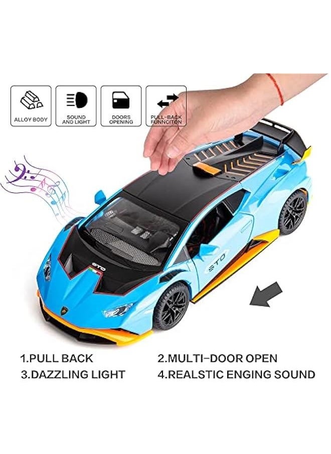 Model Car 1/24 Scale Compatible for Lambo Huracan STO Die-cast Toy Vehicle Pull Back with Light and Sound Toy Car Door Can be Open (blue)