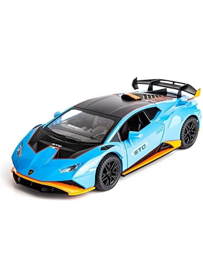 Model Car 1/24 Scale Compatible for Lambo Huracan STO Die-cast Toy Vehicle Pull Back with Light and Sound Toy Car Door Can be Open (blue)