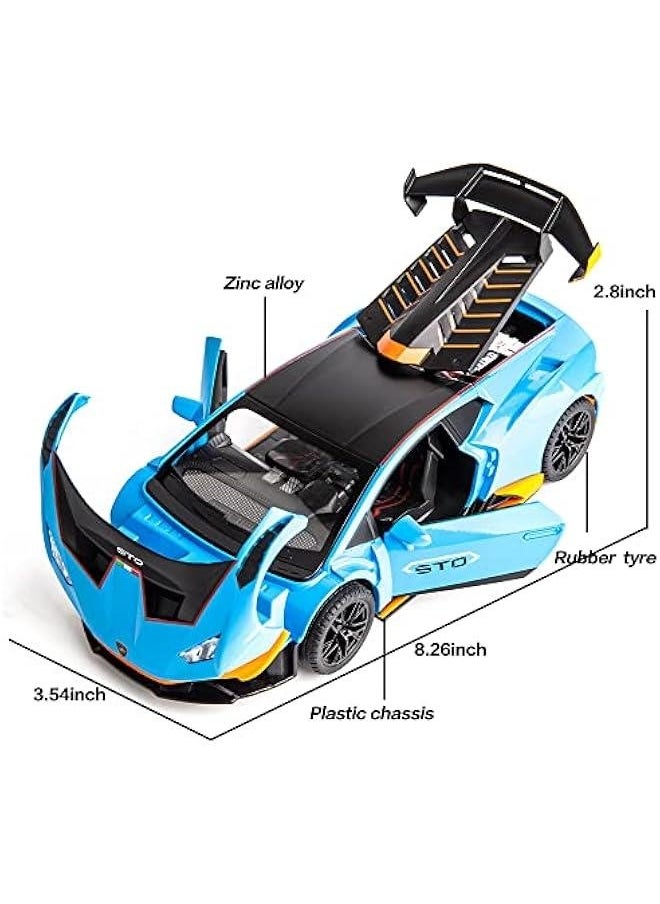 Model Car 1/24 Scale Compatible for Lambo Huracan STO Die-cast Toy Vehicle Pull Back with Light and Sound Toy Car Door Can be Open (blue)