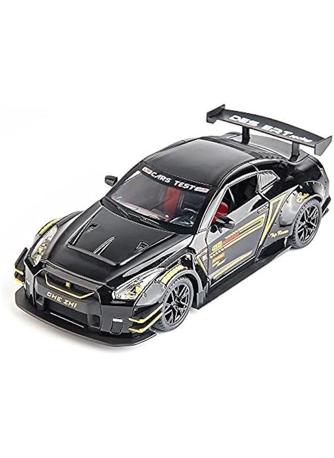 1/24 Scale Compatible for Nissan GTR Model Car Toy, Zinc Alloy Pull Back Toy car with Sound and Light for Kids Boy Girl Gift (Black)