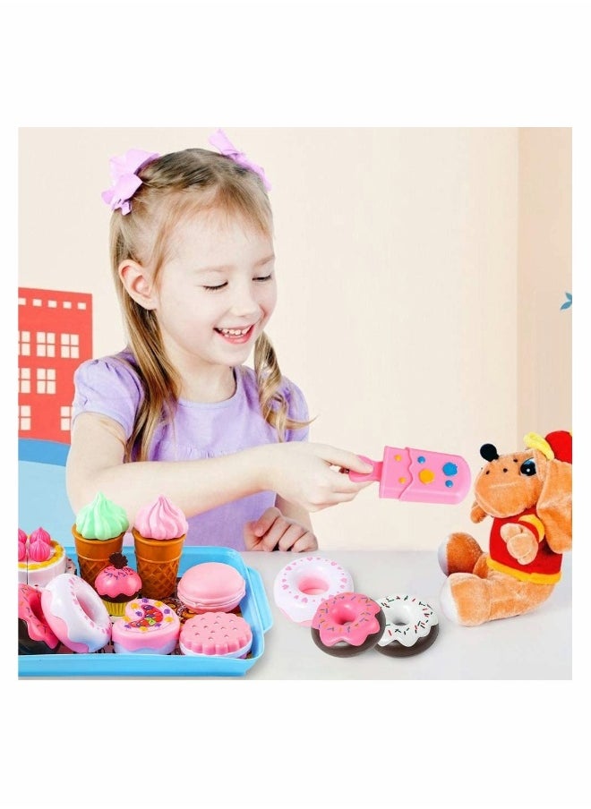 Pretend Desserts Food Toy 17 Pcs Play Food Desserts Set for Kids Kitchen Play Dounts for Toddlers Toy Food Ice Cream Cupcake Baking Plastic Play Food for Girls Boys Birthday Gift