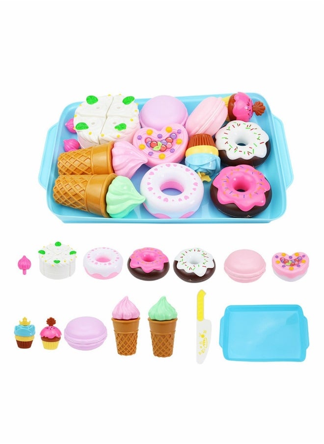 Pretend Desserts Food Toy 17 Pcs Play Food Desserts Set for Kids Kitchen Play Dounts for Toddlers Toy Food Ice Cream Cupcake Baking Plastic Play Food for Girls Boys Birthday Gift