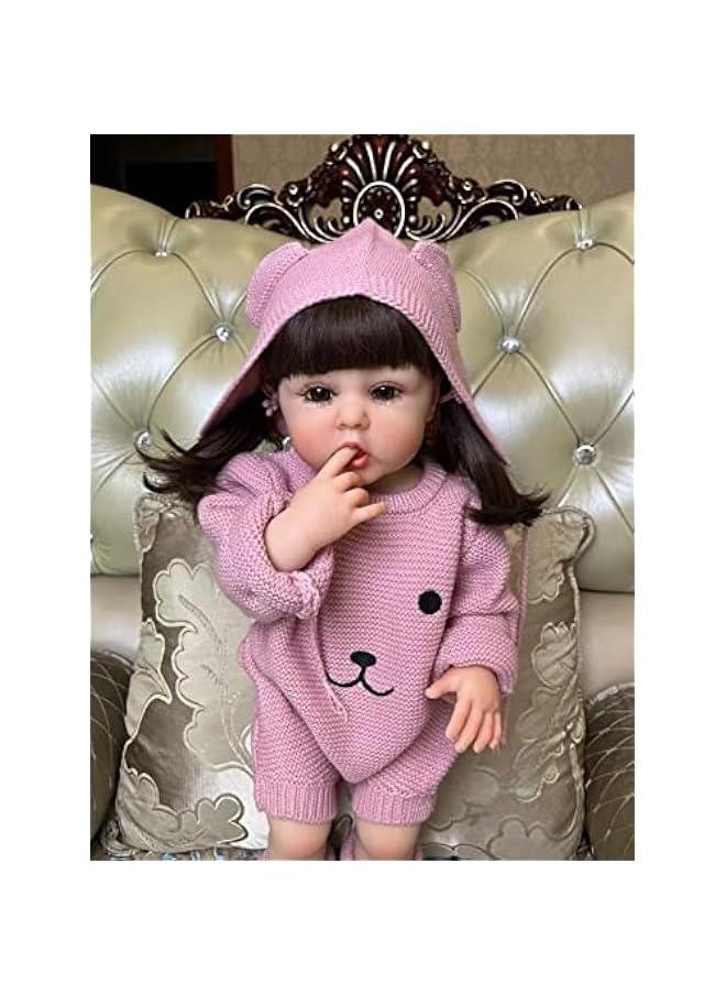 22 Inches Cute Mouth Open Lifelike Reborn Baby Doll Crafted in Full Body Silicone Vinyl Newborn Realistic Toddler Dolls Washable for Girl