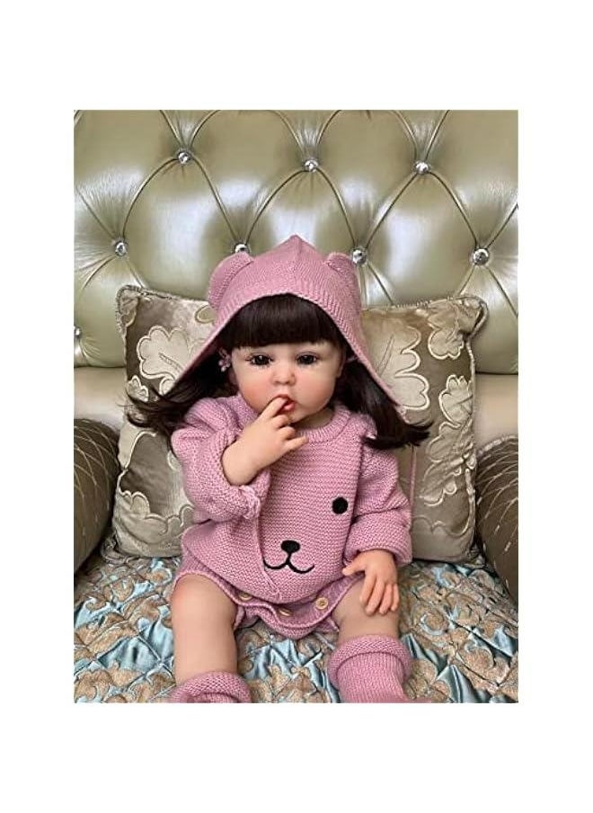 22 Inches Cute Mouth Open Lifelike Reborn Baby Doll Crafted in Full Body Silicone Vinyl Newborn Realistic Toddler Dolls Washable for Girl