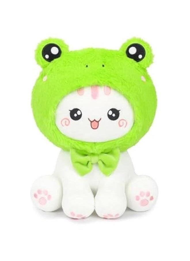 Cute Frog Cat Plush Toy 10 Kawaii Kitten Stuffed Animal, Froggy Plushie Pillow Gift for Kids