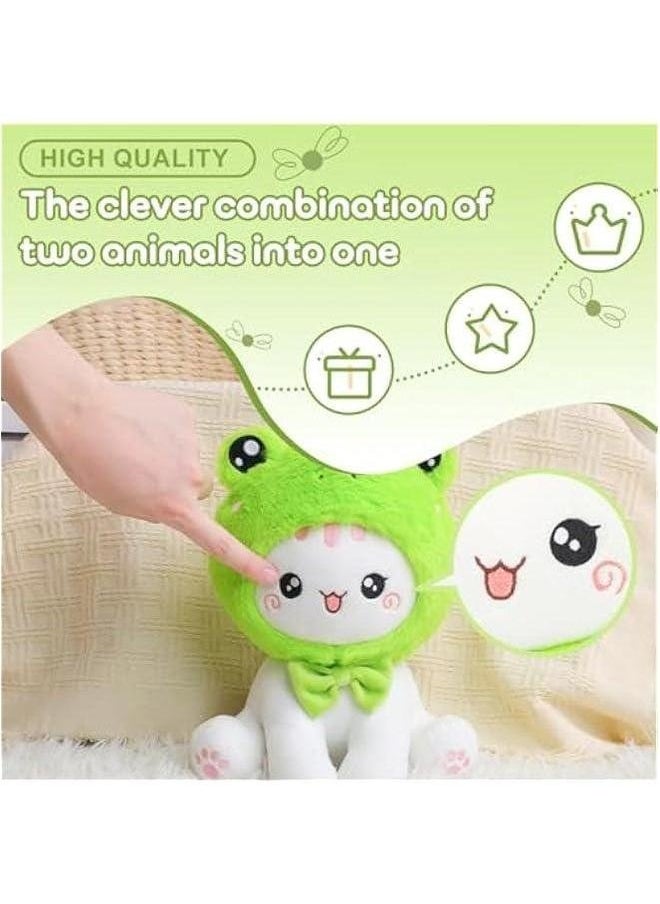 Cute Frog Cat Plush Toy 10 Kawaii Kitten Stuffed Animal, Froggy Plushie Pillow Gift for Kids