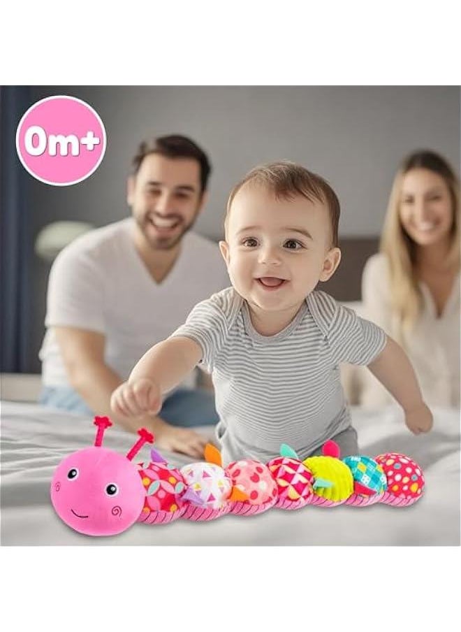 Baby Toys Musical Caterpillar, Infant Stuffed Animal for 0-6 6-12 Months with Crinkle and Rattles, Tummy Time Sensory Toys Newborn Boys Girls Gifts 0 3 6 9 12 Months - Pink