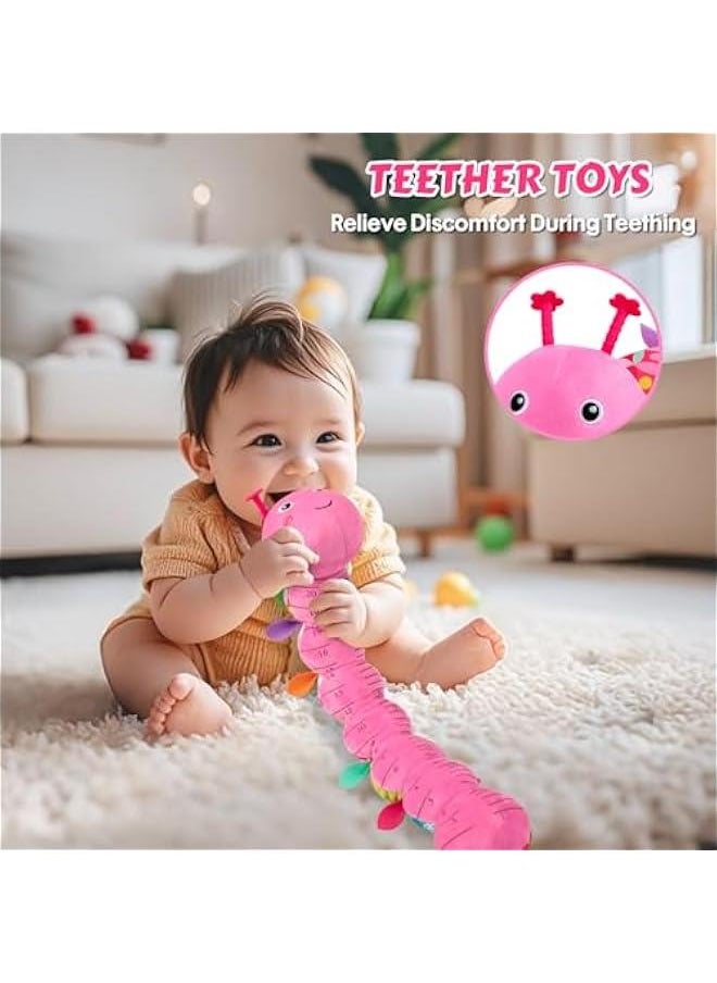 Baby Toys Musical Caterpillar, Infant Stuffed Animal for 0-6 6-12 Months with Crinkle and Rattles, Tummy Time Sensory Toys Newborn Boys Girls Gifts 0 3 6 9 12 Months - Pink