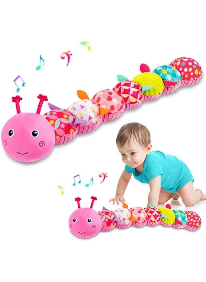 Baby Toys Musical Caterpillar, Infant Stuffed Animal for 0-6 6-12 Months with Crinkle and Rattles, Tummy Time Sensory Toys Newborn Boys Girls Gifts 0 3 6 9 12 Months - Pink