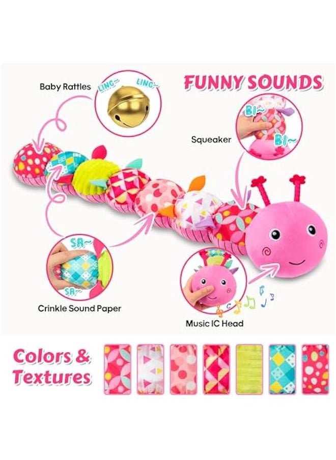 Baby Toys Musical Caterpillar, Infant Stuffed Animal for 0-6 6-12 Months with Crinkle and Rattles, Tummy Time Sensory Toys Newborn Boys Girls Gifts 0 3 6 9 12 Months - Pink
