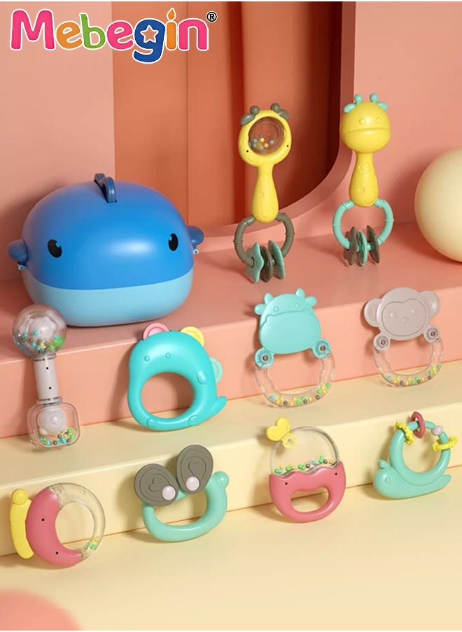 13PCS Baby Rattle Teething Set with Whale Storage Box, Infant Cartoon Teether Shaker Grab and Spin Rattles Toys, Silicone Teether Sensory Toys, Versatile Baby Early Sensory Toy, Made of Gentle and T