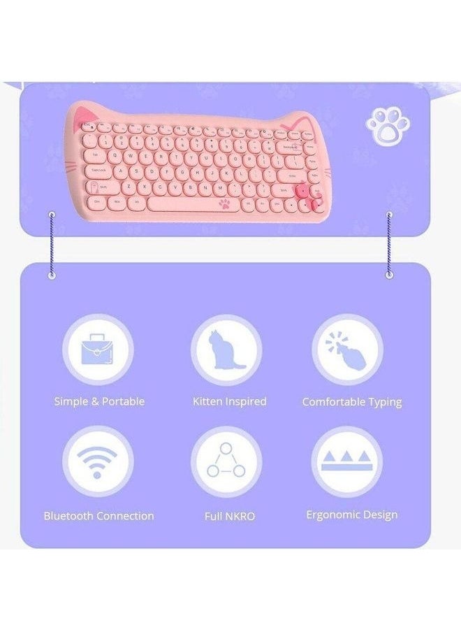 A3060 - Cute Cat Pink PC Wireless Keyboard and Mouse Set USB, Retro Typewriter Round Key caps 65 percent, Small Cordless Aesthetic Mouse, Compatible Mac Laptop Computer for office game Cute Cat Pink