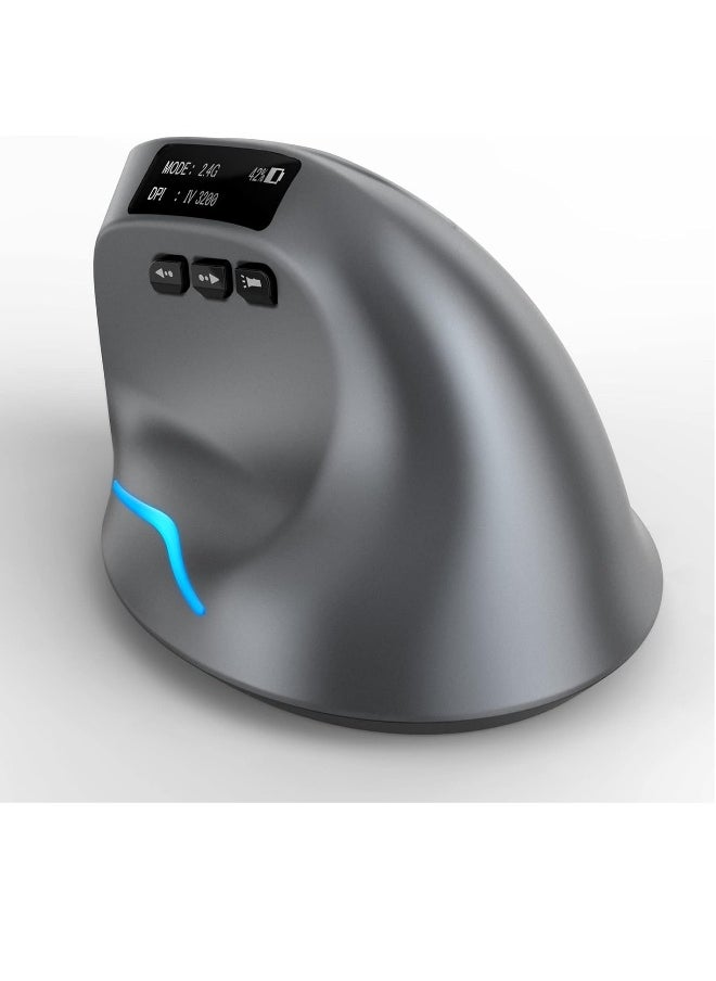 F-26C 2.4G Wireless Vertical Ergonomic Bluetooth Optical Mouse, 4 DPI Adjustment 1000/1600/2400/3200 7 Color Lights with LED Screen Display Suitable for Game Player PC Laptop, Grey