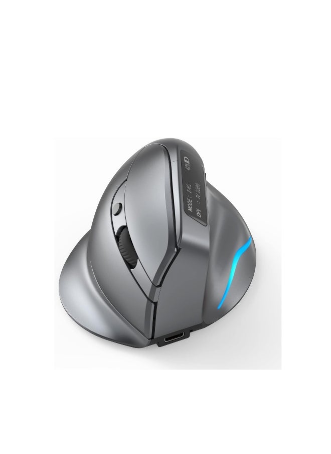 F-26C 2.4G Wireless Vertical Ergonomic Bluetooth Optical Mouse, 4 DPI Adjustment 1000/1600/2400/3200 7 Color Lights with LED Screen Display Suitable for Game Player PC Laptop, Grey
