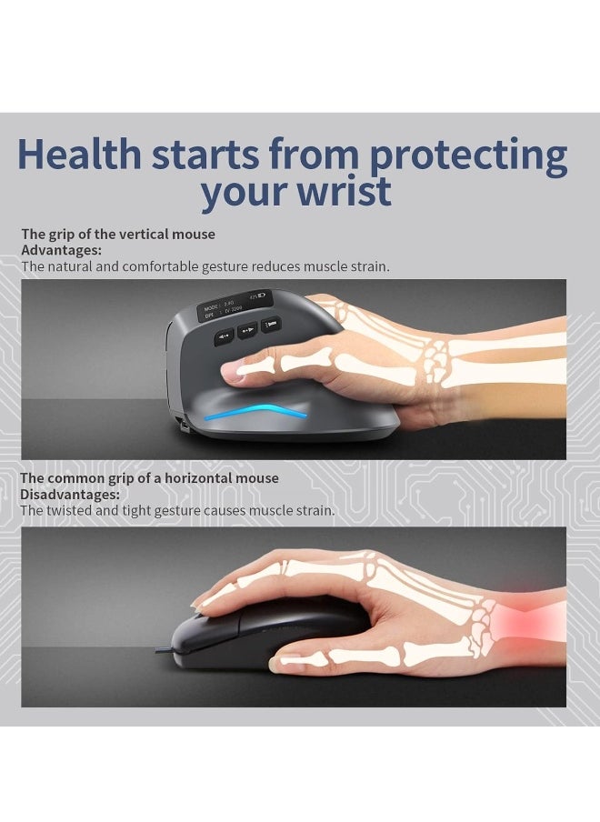 F-26C 2.4G Wireless Vertical Ergonomic Bluetooth Optical Mouse, 4 DPI Adjustment 1000/1600/2400/3200 7 Color Lights with LED Screen Display Suitable for Game Player PC Laptop, Grey