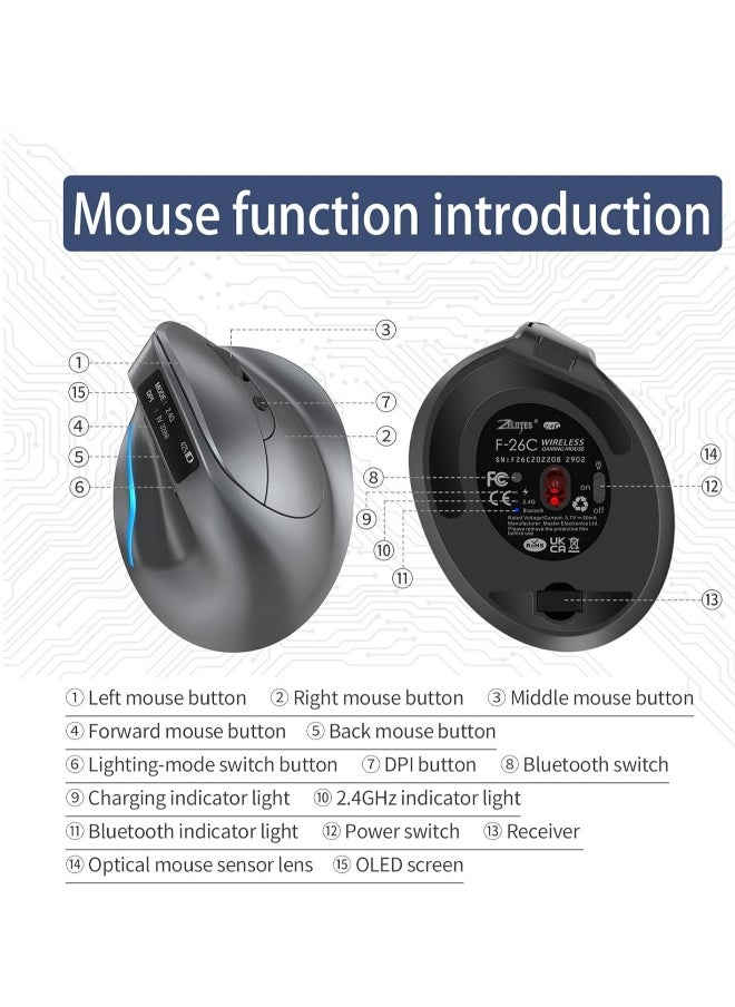 F-26C 2.4G Wireless Vertical Ergonomic Bluetooth Optical Mouse, 4 DPI Adjustment 1000/1600/2400/3200 7 Color Lights with LED Screen Display Suitable for Game Player PC Laptop, Grey