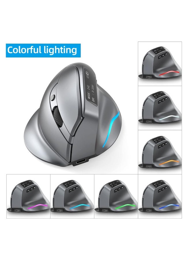 F-26C 2.4G Wireless Vertical Ergonomic Bluetooth Optical Mouse, 4 DPI Adjustment 1000/1600/2400/3200 7 Color Lights with LED Screen Display Suitable for Game Player PC Laptop, Grey