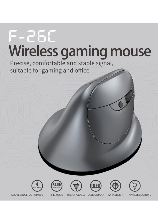 F-26C 2.4G Wireless Vertical Ergonomic Bluetooth Optical Mouse, 4 DPI Adjustment 1000/1600/2400/3200 7 Color Lights with LED Screen Display Suitable for Game Player PC Laptop, Grey