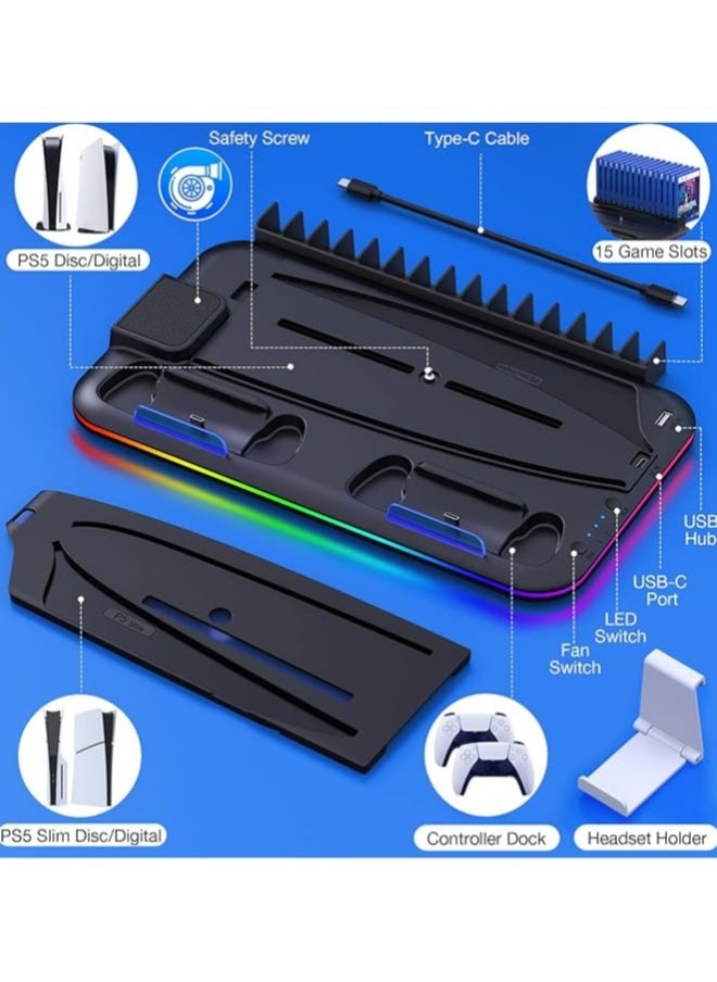 PS5 /PS5 Slim Stand and Cooling Station with Dual Controller Charging Station for PlayStation 5/5 Slim Console, PS5/PS5 Slim  Accessories Incl. Controller Charger, Cooling fan, Headset holder