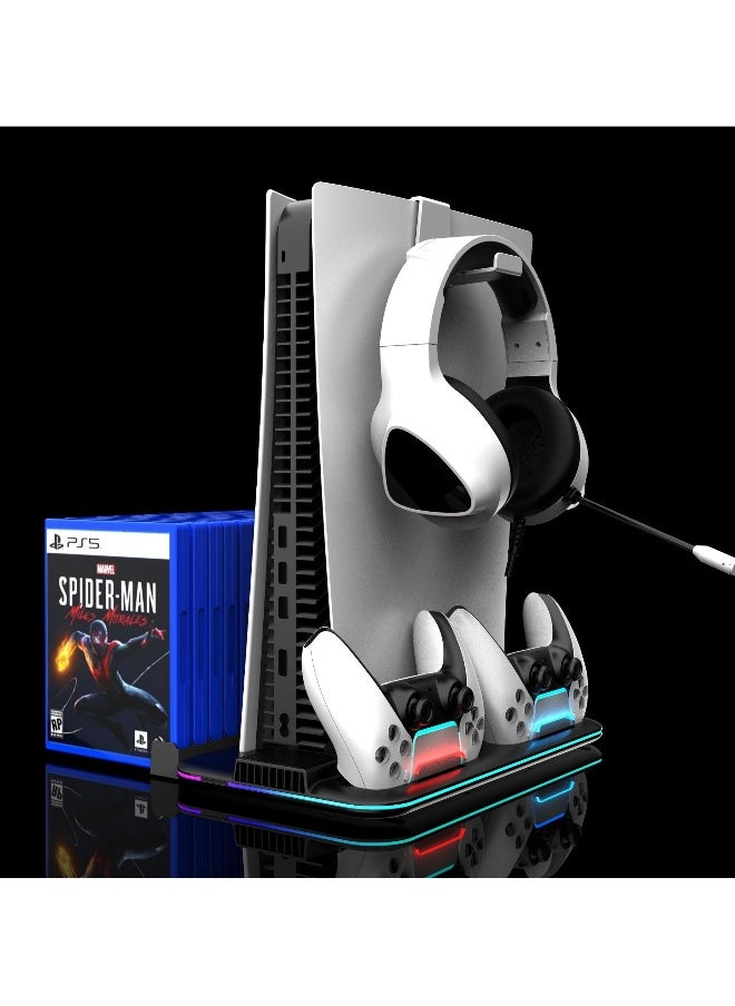 PS5 /PS5 Slim Stand and Cooling Station with Dual Controller Charging Station for PlayStation 5/5 Slim Console, PS5/PS5 Slim  Accessories Incl. Controller Charger, Cooling fan, Headset holder