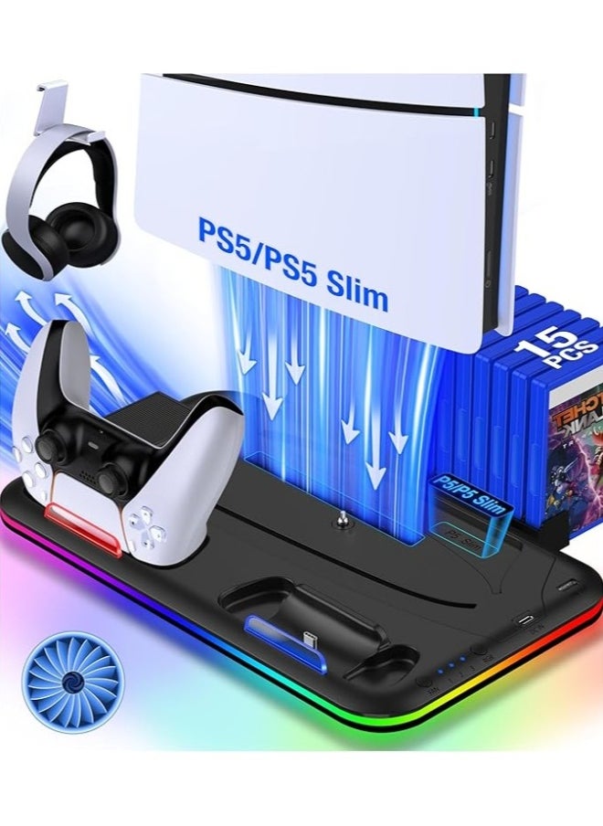 PS5 /PS5 Slim Stand and Cooling Station with Dual Controller Charging Station for PlayStation 5/5 Slim Console, PS5/PS5 Slim  Accessories Incl. Controller Charger, Cooling fan, Headset holder