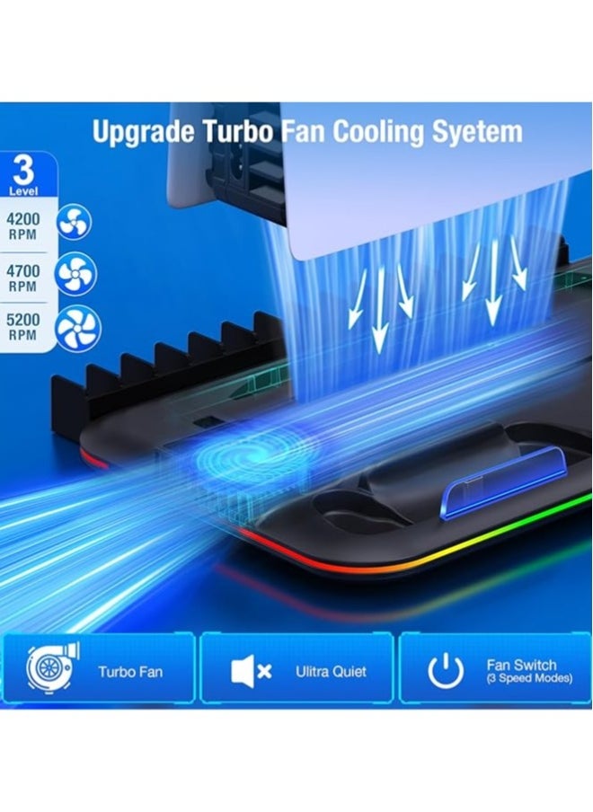 PS5 /PS5 Slim Stand and Cooling Station with Dual Controller Charging Station for PlayStation 5/5 Slim Console, PS5/PS5 Slim  Accessories Incl. Controller Charger, Cooling fan, Headset holder