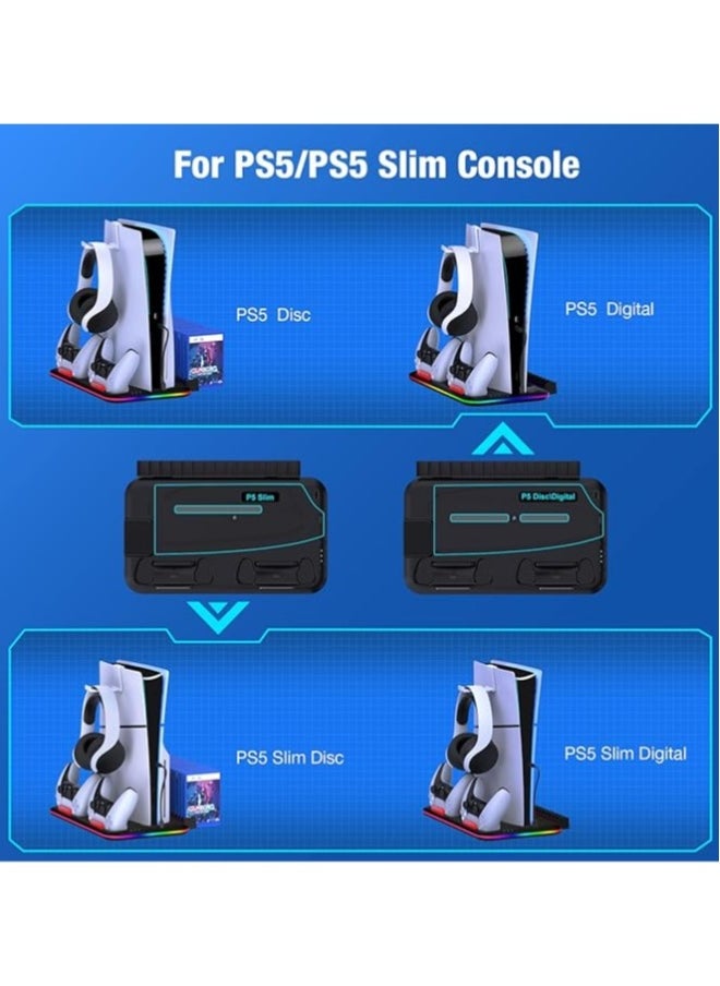 PS5 /PS5 Slim Stand and Cooling Station with Dual Controller Charging Station for PlayStation 5/5 Slim Console, PS5/PS5 Slim  Accessories Incl. Controller Charger, Cooling fan, Headset holder