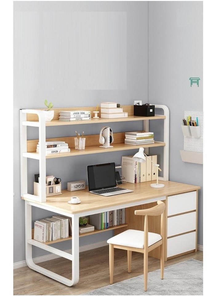 Home Office Desk With 3 Large Drawers And Open Shelves Computer Table Study Working Table Gaming Desk With Storage Shelves Heavy Duty Desk (120 * 50 * 148cm-Wood Color)