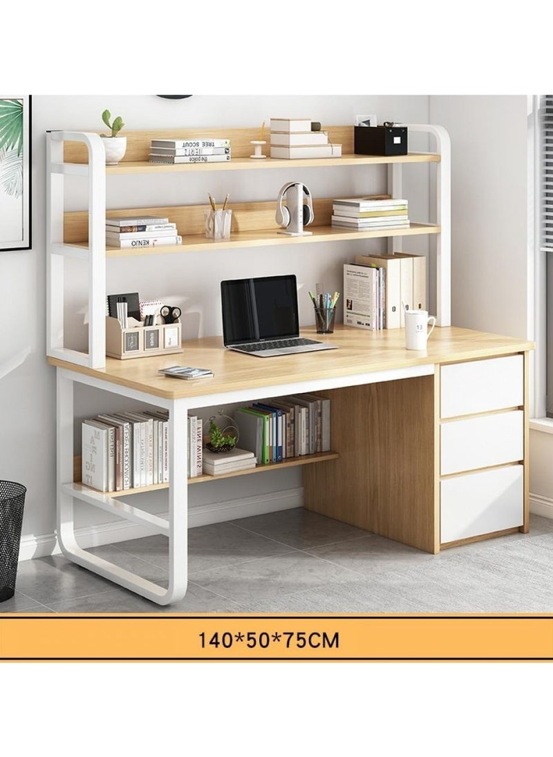 140 cm Home Office Desk with Storage Shelves and Large 3 Drawers（wood color-140*50cm）