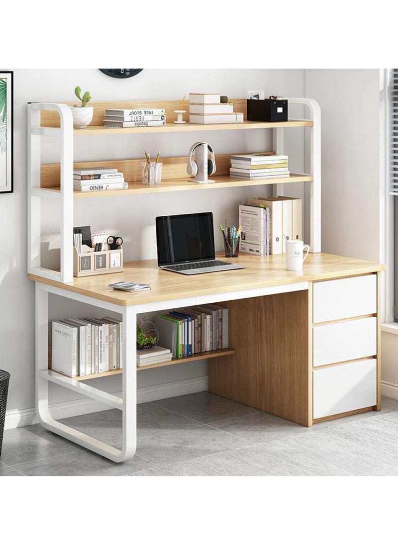 140 cm Home Office Desk with Storage Shelves and Large 3 Drawers（wood color-140*50cm）