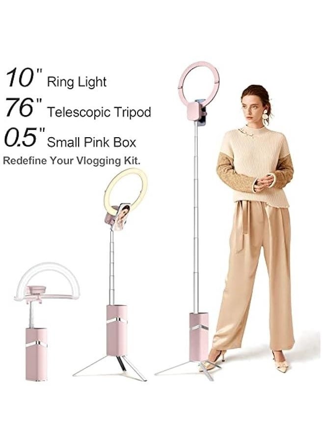 Professional Ring Light with Tripod Stand and Phone Holder, Portable Travel Selfie Ring Light with Tripod Tall Standing LED Ring Circle Light for iPhone Phone Video Recording Makeup, Pink