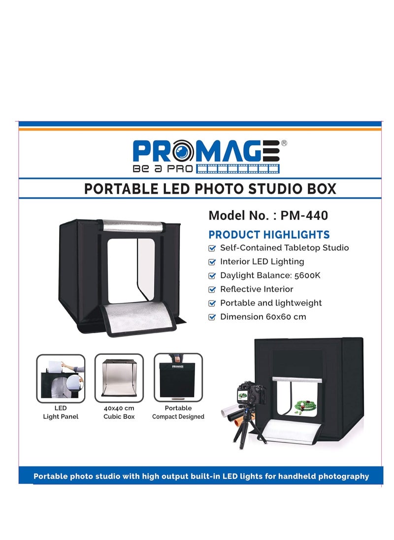 PROMAGE PM-440 II LED Photo Light Box 40x40cm – Foldable Portable Photography Studio Tent with Dual LED Strips, Dimmable Lighting, and Multiple Backdrops for Product Shooting