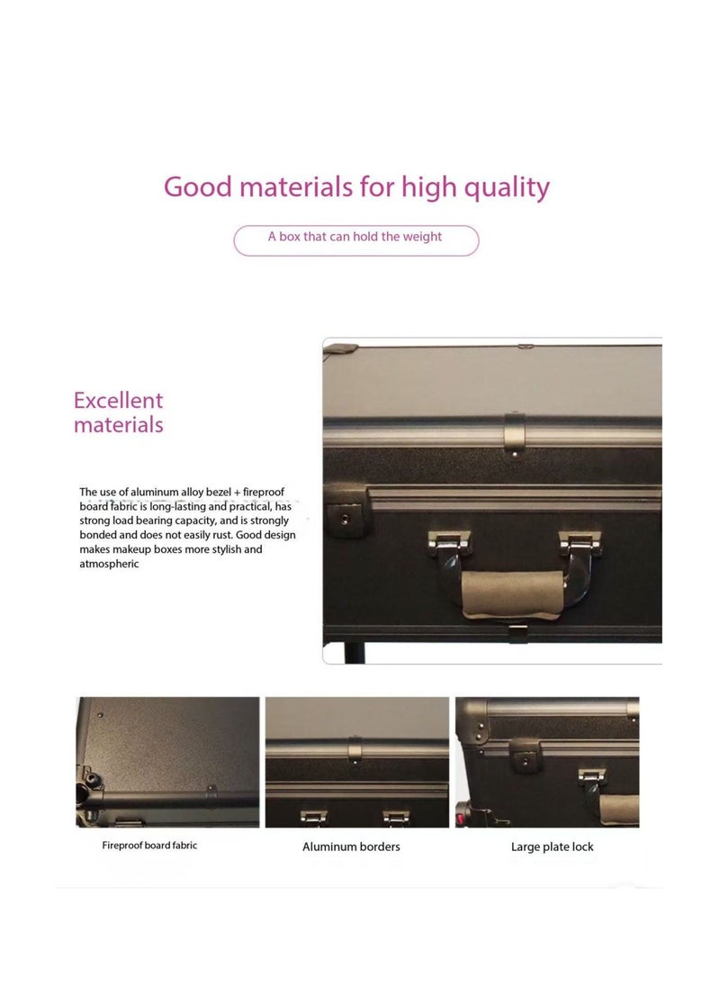 Professional Detachable 4-Wheel Rolling Makeup Train Case, Massive Capacity Cosmetic Trolley with Tri-Color Touch-LED Lights Mirror, Multi-Compartment Organizer, Adjustable Stand & Sturdy ABS Build for Beauty Artists' Salon & Travel