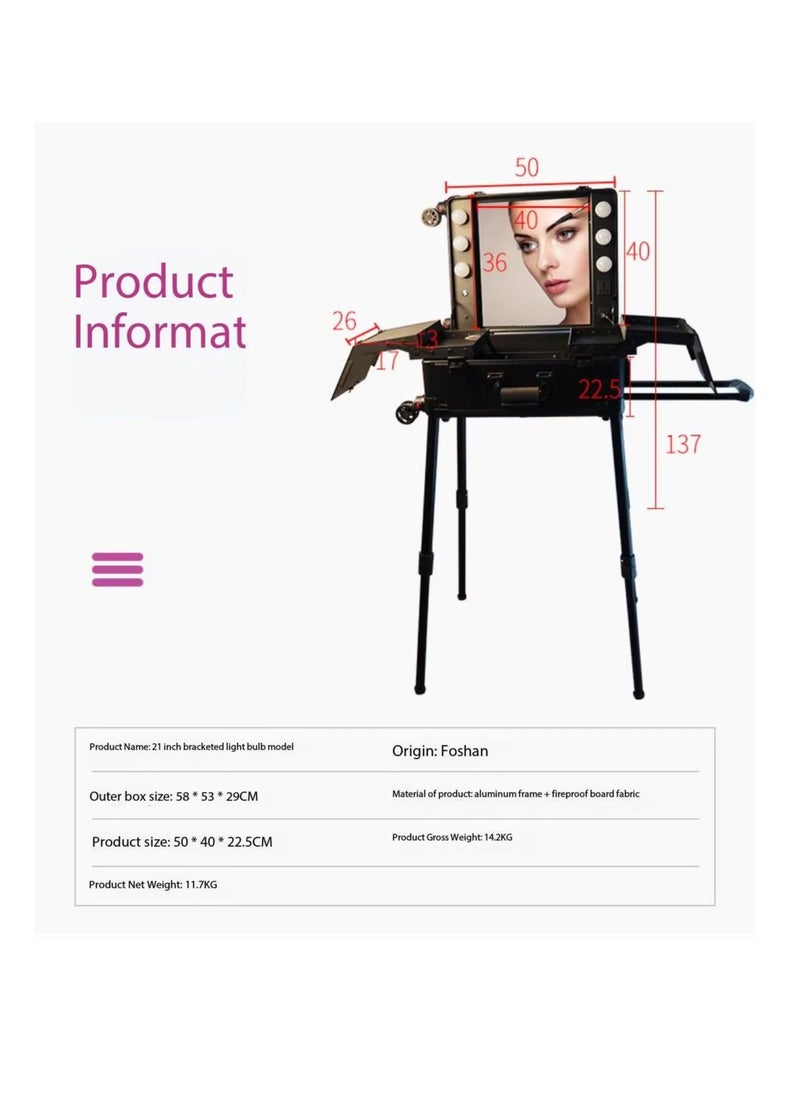 Professional Detachable 4-Wheel Rolling Makeup Train Case, Massive Capacity Cosmetic Trolley with Tri-Color Touch-LED Lights Mirror, Multi-Compartment Organizer, Adjustable Stand & Sturdy ABS Build for Beauty Artists' Salon & Travel