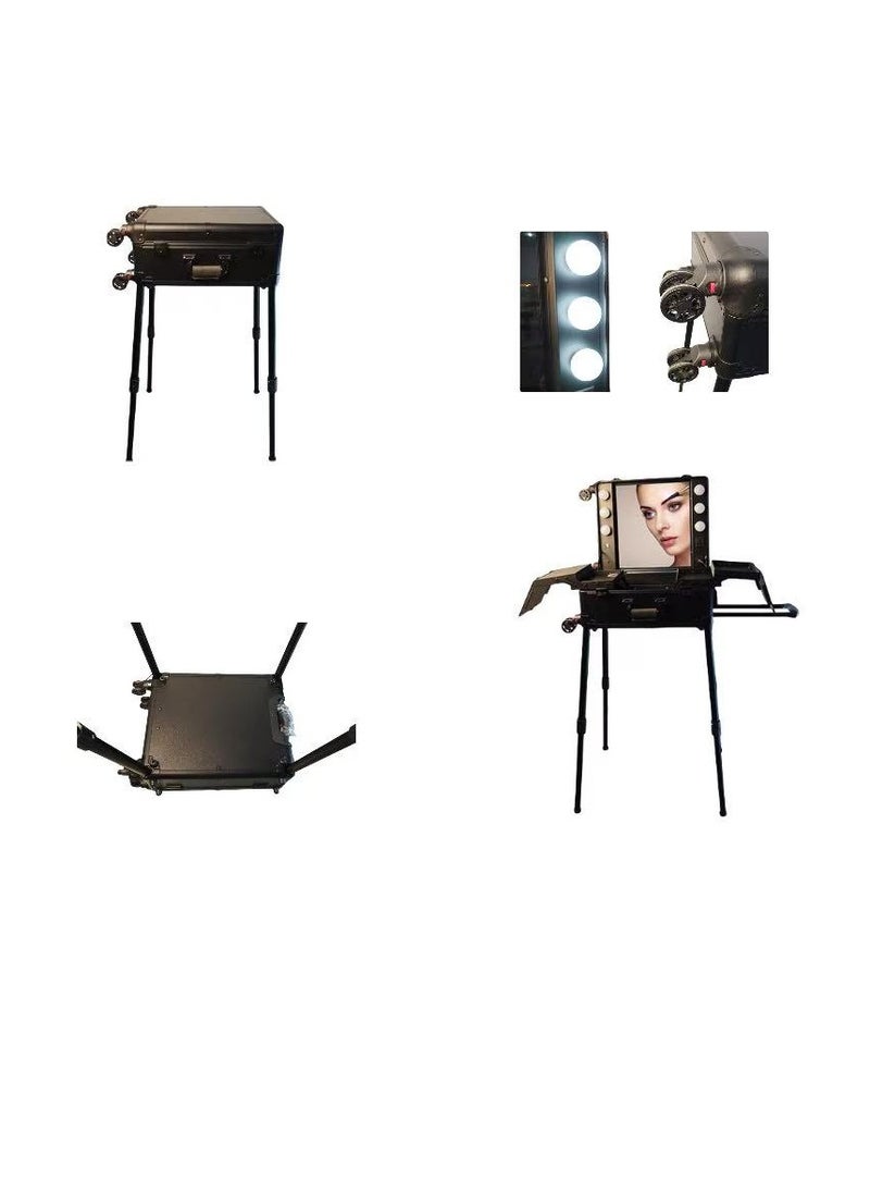 Professional Detachable 4-Wheel Rolling Makeup Train Case, Massive Capacity Cosmetic Trolley with Tri-Color Touch-LED Lights Mirror, Multi-Compartment Organizer, Adjustable Stand & Sturdy ABS Build for Beauty Artists' Salon & Travel